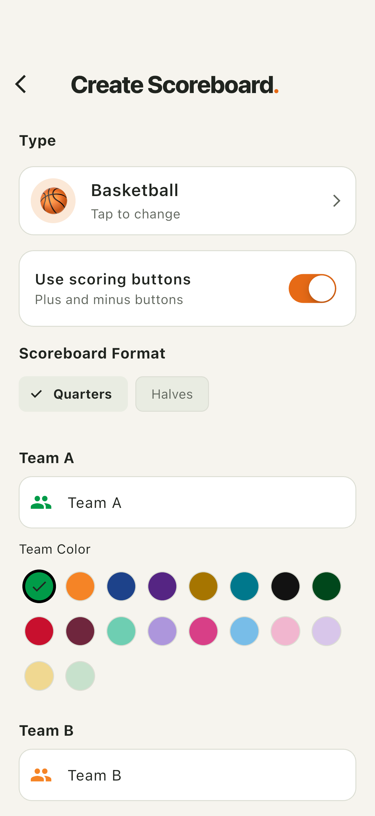 Create a basketball scoreboard with the latest team colors and optional scoring buttons