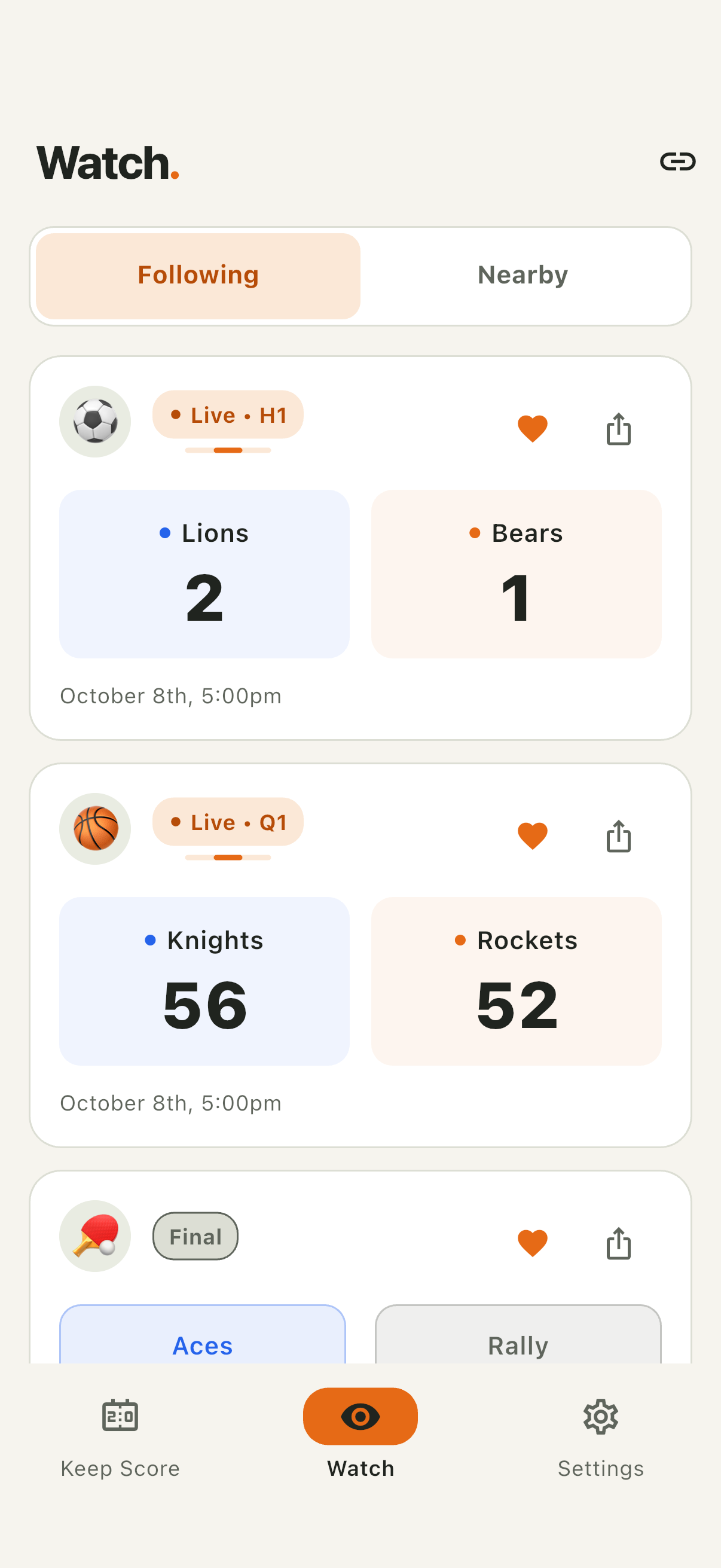 ScoreShare Watch page with live soccer and basketball scores and finished games