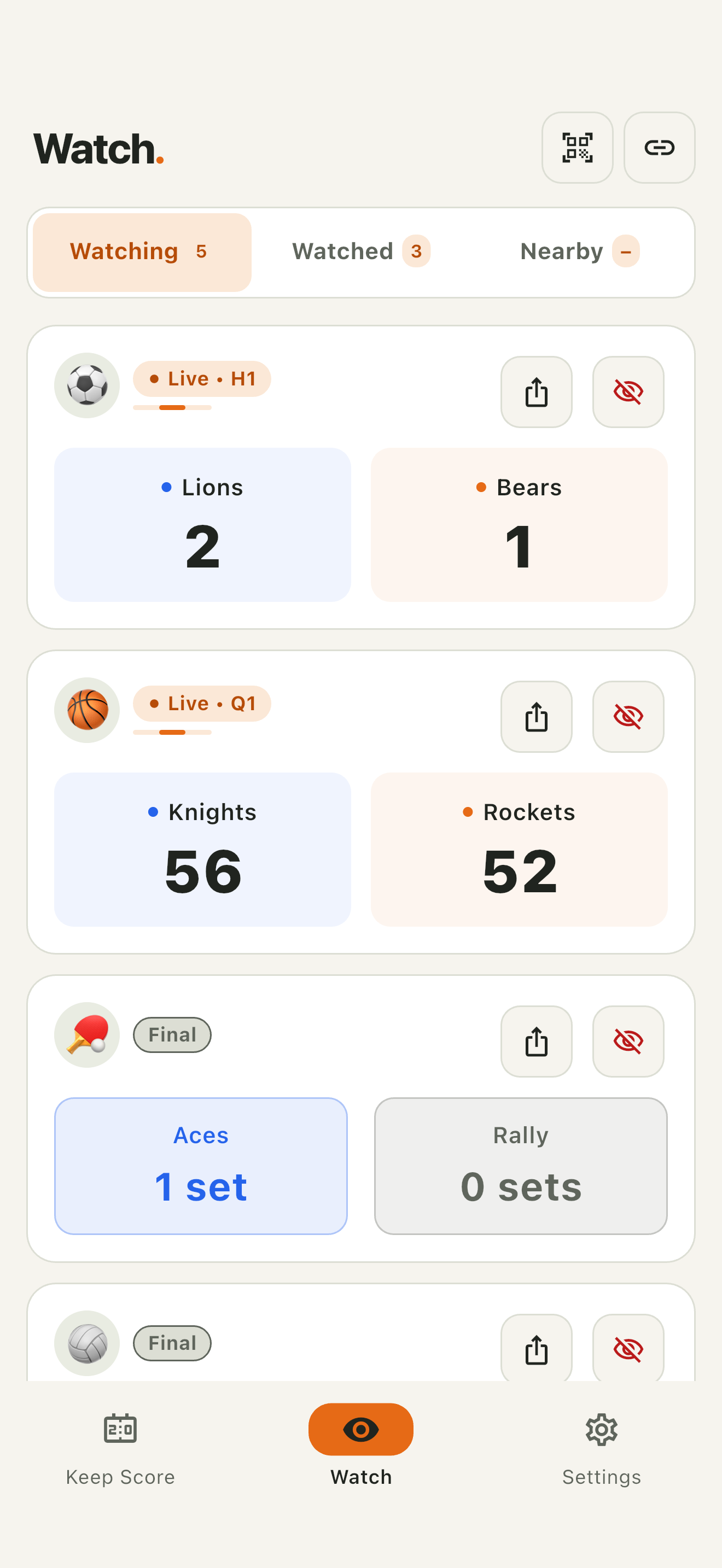 ScoreShare Watching list with live games, scores, and share controls